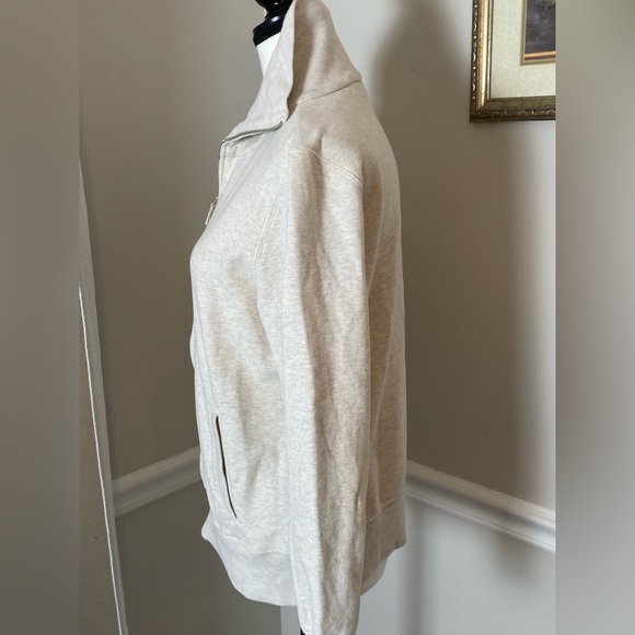 Lands’ End Women’s Heathered Oatmeal Mock Neck Full Zip Fleece Lined Jacket - Picture 3 of 8